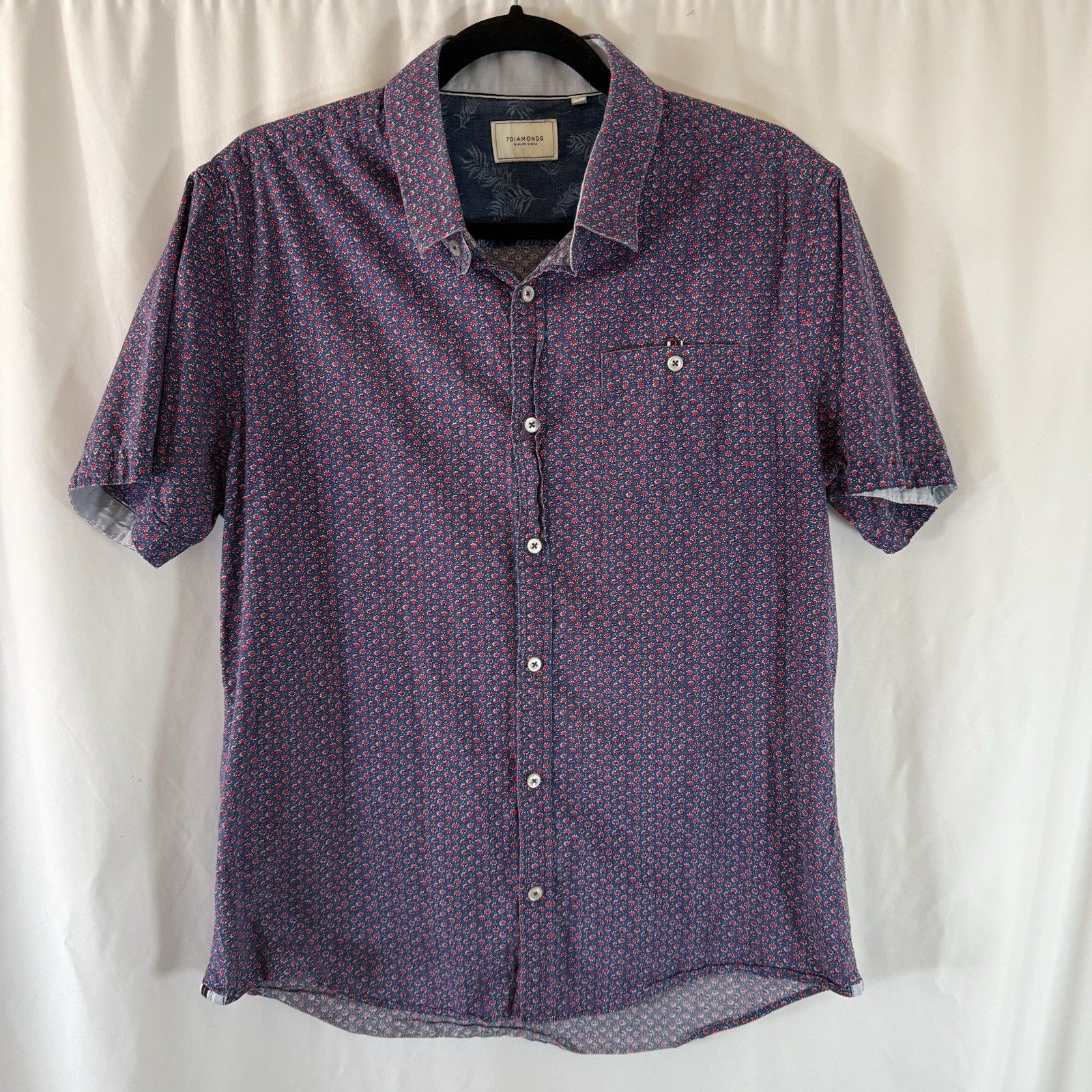 7 Diamonds Shirt Men's Large Blue Red Button Up Short Sleeve Stormy Monday